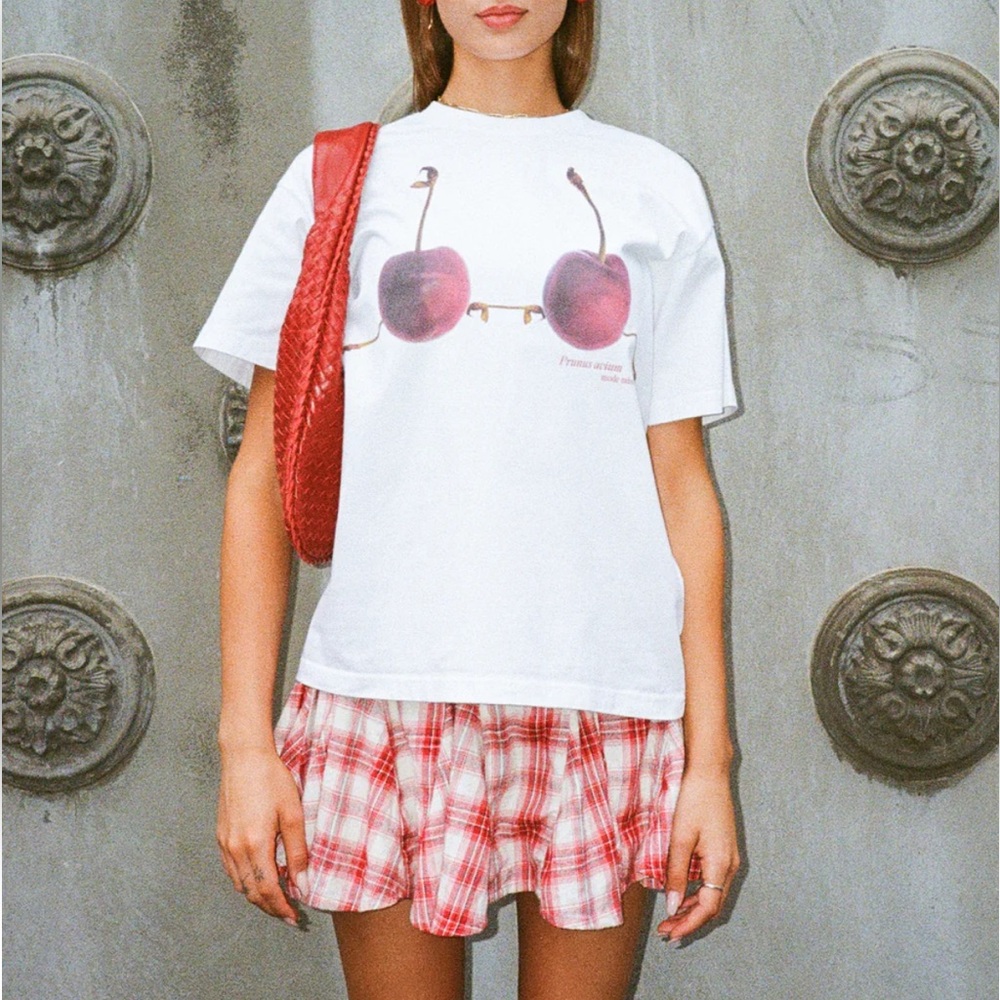 White Short Sleeve Tee with Cherry Graphic